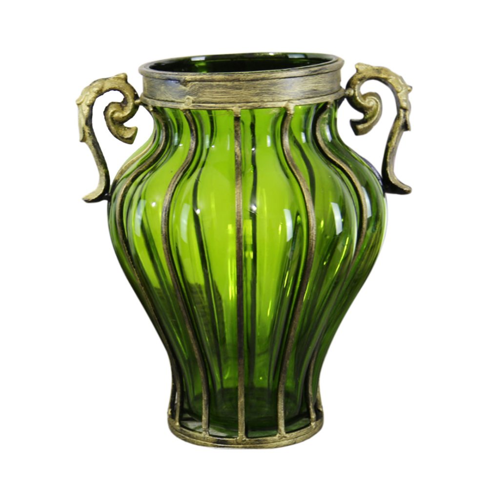 1-SOGA Green Colored European Glass Home Decor Flower Vase with Two Metal Handle