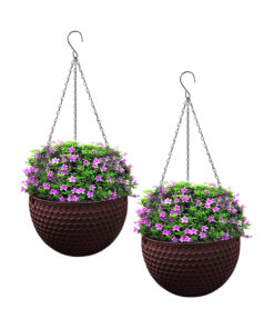 1-SOGA 2X Coffee Small Hanging Resin Flower Pot Self Watering Basket Planter Outdoor Garden Decor