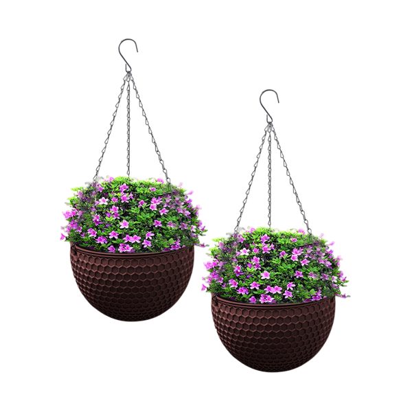 1-SOGA 2X Coffee Small Hanging Resin Flower Pot Self Watering Basket Planter Outdoor Garden Decor