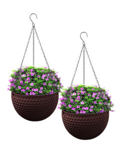 1-SOGA 2X Coffee Medium Hanging Resin Flower Pot Self Watering Basket Planter Outdoor Garden Decor