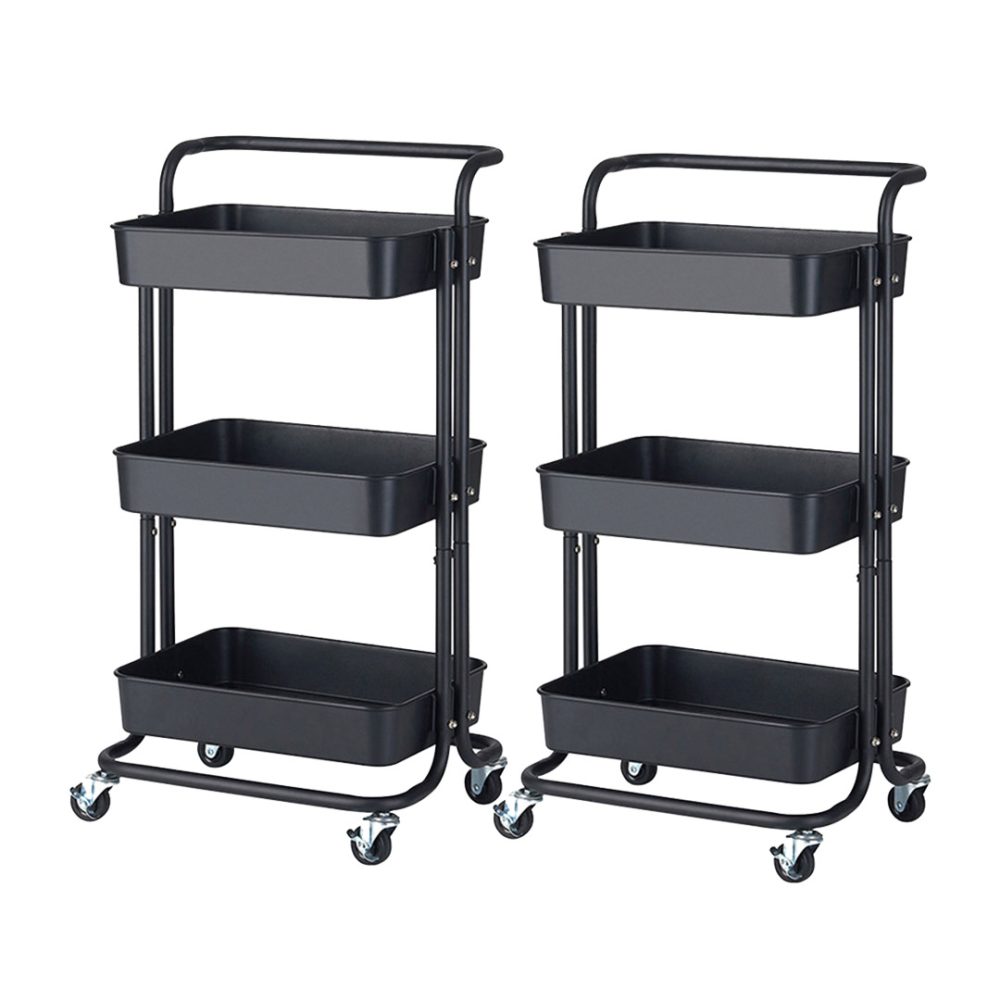 1-SOGA 2X 3 Tier Steel Black Movable Kitchen Cart Multi-Functional Shelves Portable Storage Organizer with Wheels