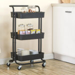 3-SOGA 2X 3 Tier Steel Black Movable Kitchen Cart Multi-Functional Shelves Portable Storage Organizer with Wheels