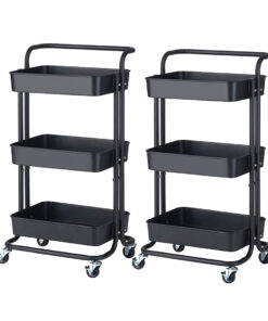 1-SOGA 2X 3 Tier Steel Black Movable Kitchen Cart Multi-Functional Shelves Portable Storage Organizer with Wheels