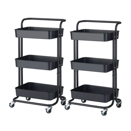 1-SOGA 2X 3 Tier Steel Black Movable Kitchen Cart Multi-Functional Shelves Portable Storage Organizer with Wheels