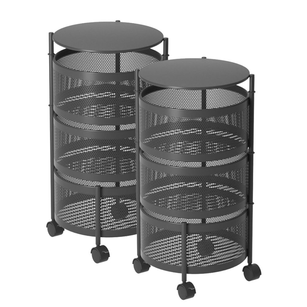 1-SOGA 2X 3 Tier Steel Round Rotating Kitchen Cart Multi-Functional Shelves Portable Storage Organizer with Wheels