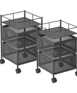 1-SOGA 2X 2 Tier Steel Square Rotating Kitchen Cart Multi-Functional Shelves Portable Storage Organizer with Wheels