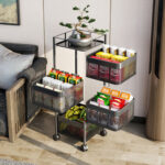 4-SOGA 4 Tier Steel Square Rotating Kitchen Cart Multi-Functional Shelves Portable Storage Organizer with Wheels