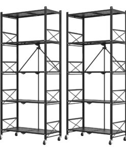 1-SOGA 2X 5 Tier Steel Black Foldable Display Stand Multi-Functional Shelves Portable Storage Organizer with Wheels