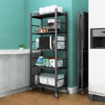 5-SOGA 2X 5 Tier Steel Black Foldable Display Stand Multi-Functional Shelves Portable Storage Organizer with Wheels