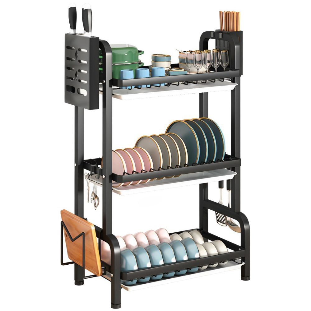1-SOGA 3 Tier 62cm Steel Black Kitchen Countertop Drying Rack Dish Plate Cutlery Cutting Board Holder Dish Drainer Kitchen Organiser