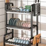 3-SOGA 3 Tier 62cm Steel Black Kitchen Countertop Drying Rack Dish Plate Cutlery Cutting Board Holder Dish Drainer Kitchen Organiser