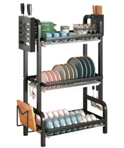 1-SOGA 3 Tier 62cm Steel Black Kitchen Countertop Drying Rack Dish Plate Cutlery Cutting Board Holder Dish Drainer Kitchen Organiser