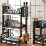 5-SOGA 3 Tier 62cm Steel Black Kitchen Countertop Drying Rack Dish Plate Cutlery Cutting Board Holder Dish Drainer Kitchen Organiser