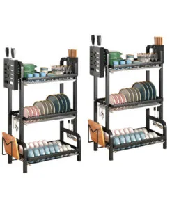 1-SOGA 2X 3 Tier 62cm Steel Black Kitchen Countertop Drying Rack Dish Plate Cutlery Cutting Board Holder Dish Drainer Kitchen Organiser