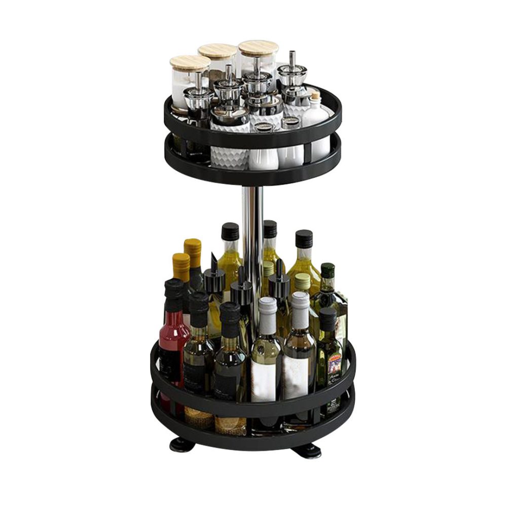 1-SOGA 2 Tier Steel Black Round Rotating Multi-Function Kitchen Portable Storage Spice Seasoning Kitchen Countertop Organiser Shelf