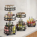4-SOGA 2 Tier Steel Black Round Rotating Multi-Function Kitchen Portable Storage Spice Seasoning Kitchen Countertop Organiser Shelf