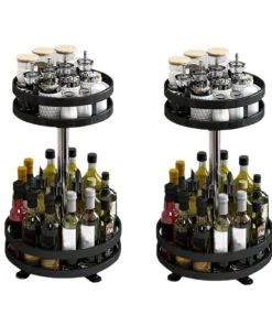 1-SOGA 2X 2 Tier Steel Black Round Rotating Multi-Function Kitchen Portable Storage Spice Seasoning Kitchen Countertop Organiser Shelf