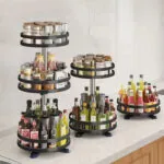 4-SOGA 2X 2 Tier Steel Black Round Rotating Multi-Function Kitchen Portable Storage Spice Seasoning Kitchen Countertop Organiser Shelf