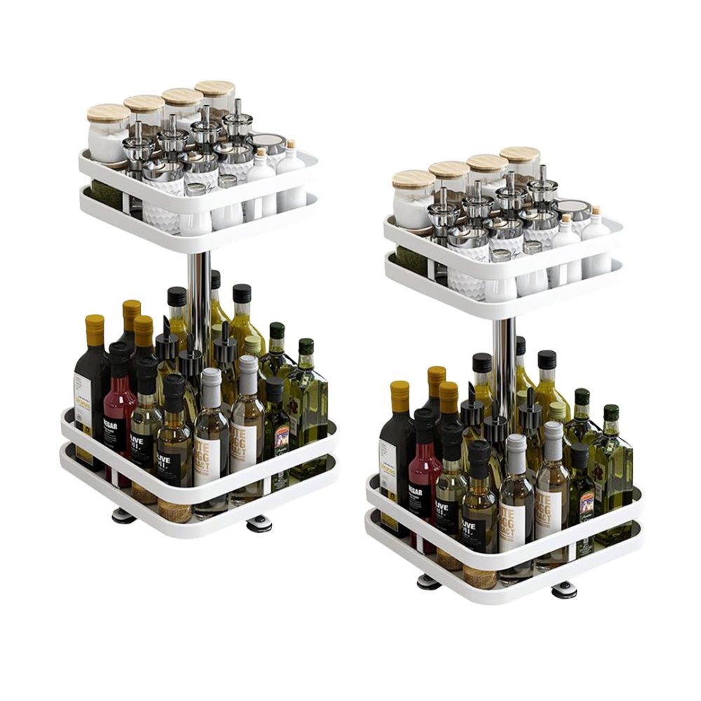 1-SOGA 2X 2 Tier Steel White Square Rotating Multi-Function Kitchen Portable Storage Spice Seasoning Kitchen Countertop Organiser Shelf