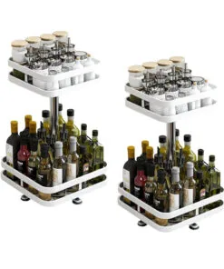 1-SOGA 2X 2 Tier Steel White Square Rotating Multi-Function Kitchen Portable Storage Spice Seasoning Kitchen Countertop Organiser Shelf