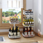 4-SOGA 2X 3 Tier Steel White Square Rotating Multi-Function Kitchen Portable Storage Spice Seasoning Kitchen Countertop Organiser Shelf