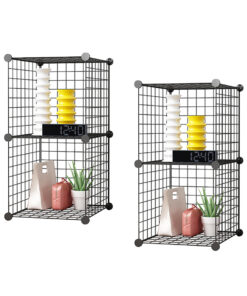 1-SOGA 2X Black Portable 2 Tier Cube Storage Organiser Foldable DIY Modular Grid Space Saving Shelf