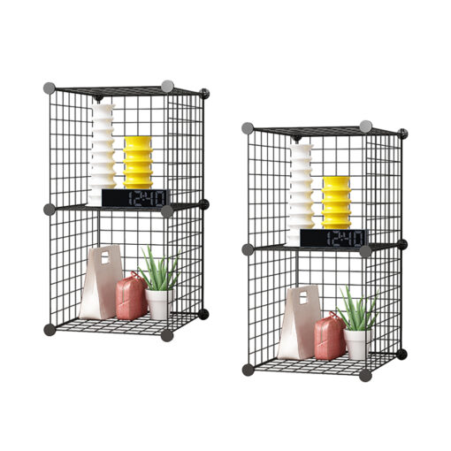1-SOGA 2X Black Portable 2 Tier Cube Storage Organiser Foldable DIY Modular Grid Space Saving Shelf