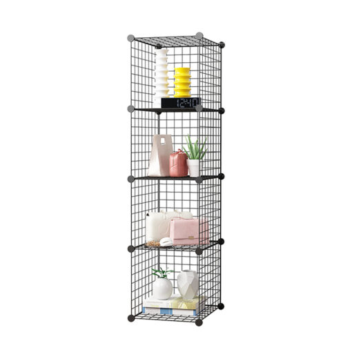 1-SOGA Black Portable 4 Tier Cube Storage Organiser Foldable DIY Modular Grid Space Saving Shelf
