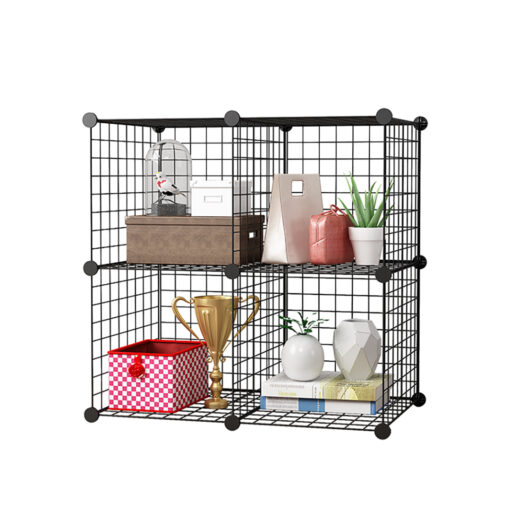 1-SOGA Black Portable 4-Cube Storage Organiser Foldable DIY Modular Grid Space Saving Shelf