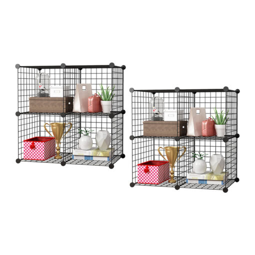 1-SOGA 2X Black Portable 4-Cube Storage Organiser Foldable DIY Modular Grid Space Saving Shelf