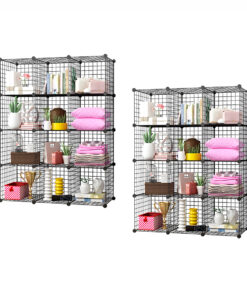 1-SOGA 2X Black Portable 12-Cube Storage Organiser Foldable DIY Modular Grid Space Saving Shelf