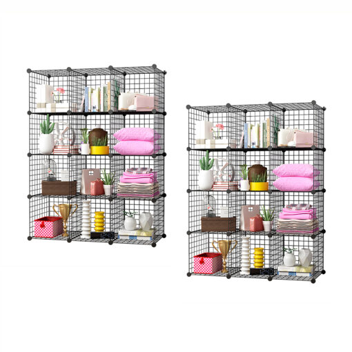 1-SOGA 2X Black Portable 12-Cube Storage Organiser Foldable DIY Modular Grid Space Saving Shelf