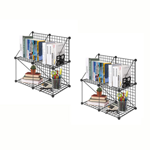 1-SOGA 2X Black Portable 4-Cube 2 Column Storage Organiser Foldable DIY Modular Grid Space Saving Shelf