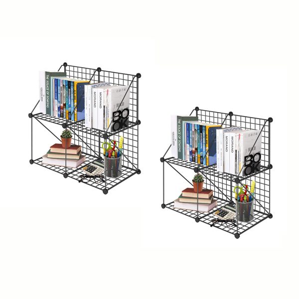 1-SOGA 2X Black Portable 4-Cube 2 Column Storage Organiser Foldable DIY Modular Grid Space Saving Shelf