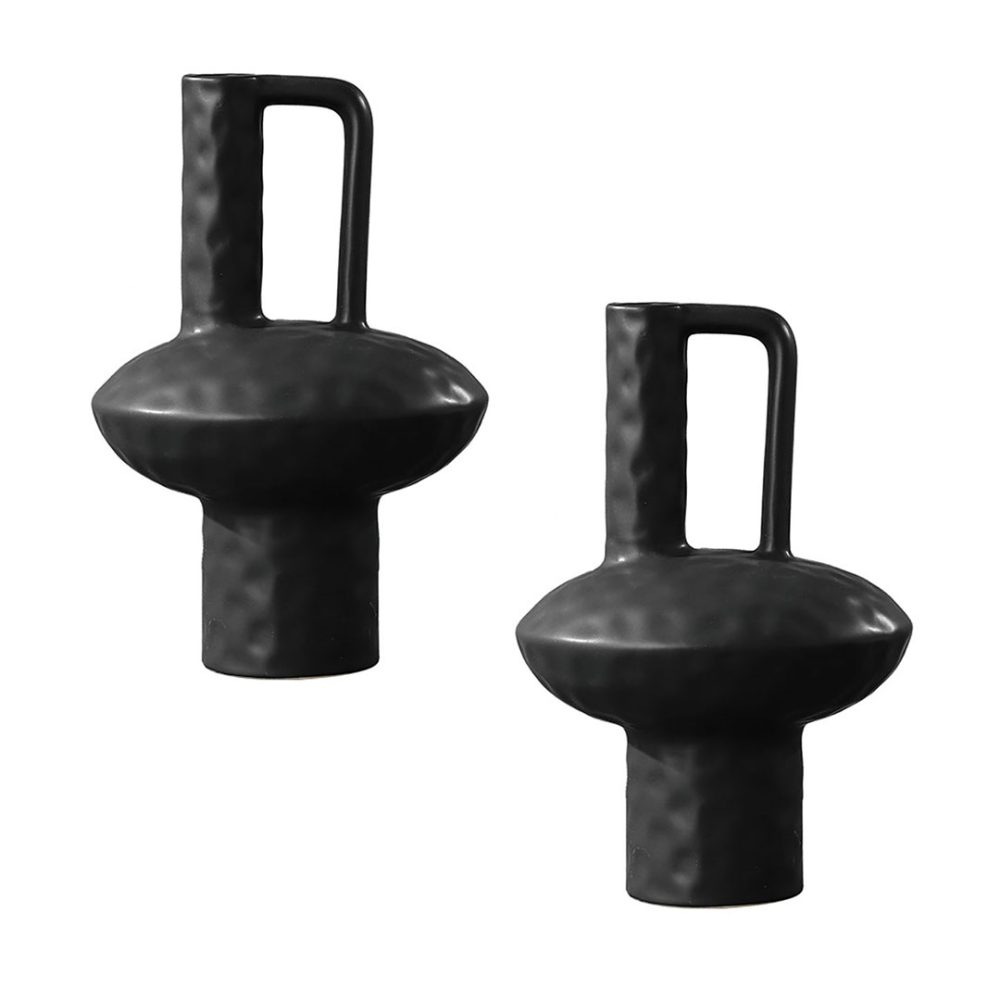 1-SOGA 2X 20x30cm Ornament Contemporary Black Ceramic Vase Decorative for Minimalist and Elegant Home Decor