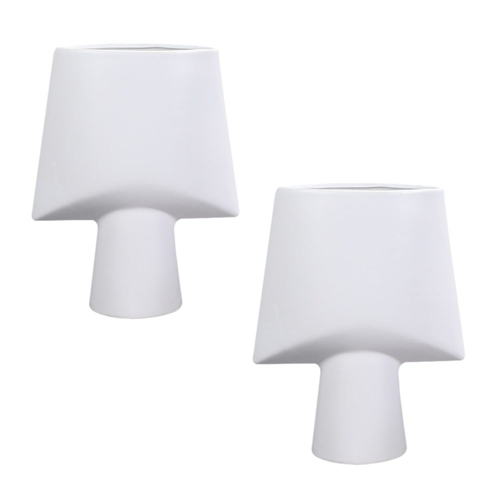 1-SOGA 2X 21x25.5cm Small White Ornament Geometric Decor Ceramic Vase Flower Pots Decorative for Living Room Decoration