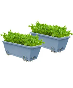 1-SOGA 49.5cm Blue Rectangular Planter Vegetable Herb Flower Outdoor Plastic Box with Holder Balcony Garden Decor Set of 2