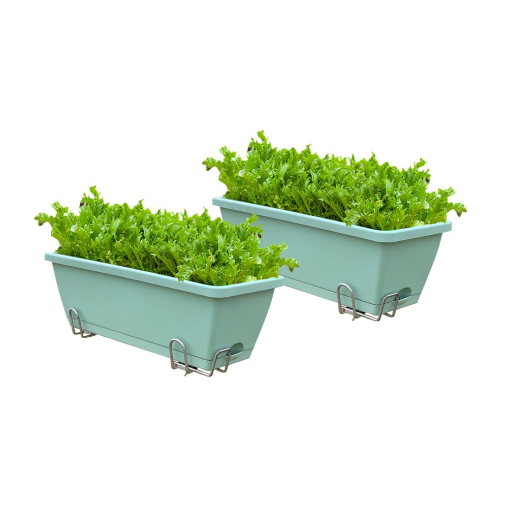 1-SOGA 49.5cm Green Rectangular Planter Vegetable Herb Flower Outdoor Plastic Box with Holder Balcony Garden Decor Set of 2