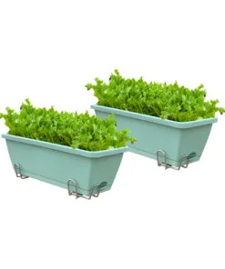 1-SOGA 49.5cm Green Rectangular Planter Vegetable Herb Flower Outdoor Plastic Box with Holder Balcony Garden Decor Set of 2