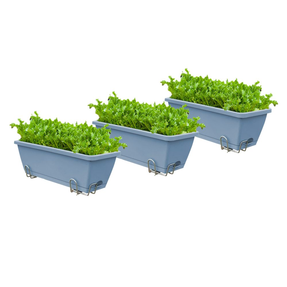 1-SOGA 49.5cm Blue Rectangular Planter Vegetable Herb Flower Outdoor Plastic Box with Holder Balcony Garden Decor Set of 3