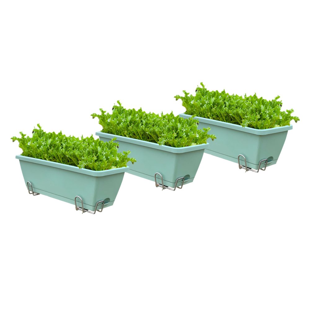 1-SOGA 49.5cm Green Rectangular Planter Vegetable Herb Flower Outdoor Plastic Box with Holder Balcony Garden Decor Set of 3