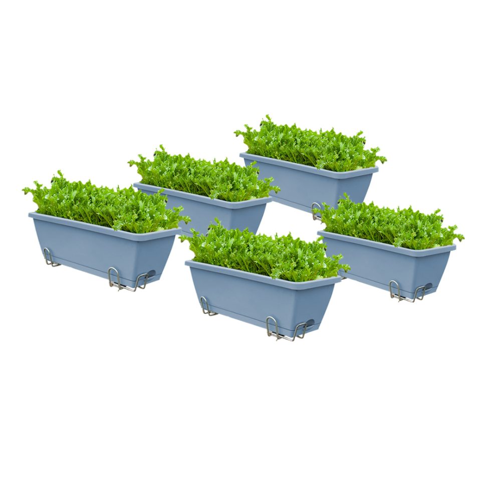 1-SOGA 49.5cm Blue Rectangular Planter Vegetable Herb Flower Outdoor Plastic Box with Holder Balcony Garden Decor Set of 5