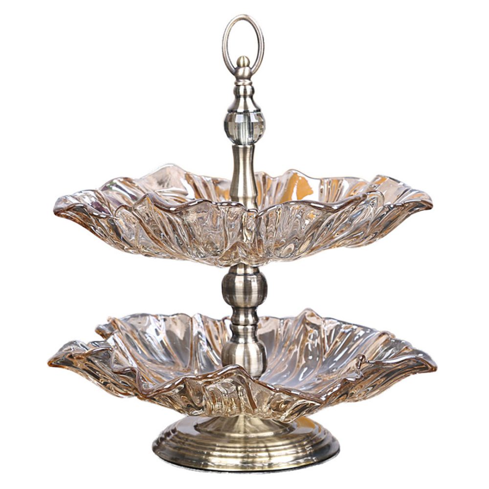1-SOGA 2 Tier Bronze Lotus Vertex Crystal Glass Fruit Bowl Candy Holder Countertop Dessert Serving Basket Decor