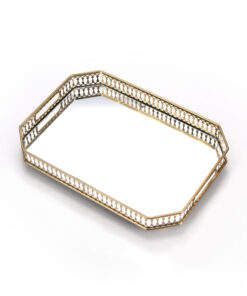 1-SOGA 35cm Gold Rectangle Ornate Mirror Glass Metal Tray Vanity Makeup Perfume Jewelry Organiser with Handles