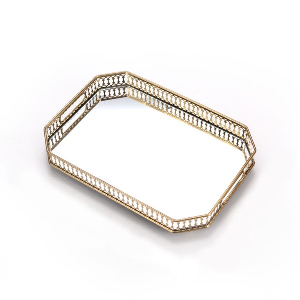 1-SOGA 35cm Gold Rectangle Ornate Mirror Glass Metal Tray Vanity Makeup Perfume Jewelry Organiser with Handles
