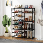 2-SOGA 12-Shelf Tier Shoe Storage Shelf Space-Saving Caddy Rack Organiser with Side Hooks Black