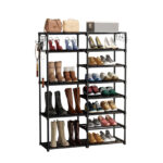 1-SOGA 12-Shelf Tier Shoe Storage Shelf Space-Saving Caddy Rack Organiser with Side Hooks Black
