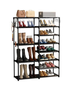 1-SOGA 12-Shelf Tier Shoe Storage Shelf Space-Saving Caddy Rack Organiser with Side Hooks Black