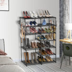 4-SOGA 12-Shelf Tier Shoe Storage Shelf Space-Saving Caddy Rack Organiser with Side Hooks Black