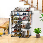 5-SOGA 12-Shelf Tier Shoe Storage Shelf Space-Saving Caddy Rack Organiser with Side Hooks Black
